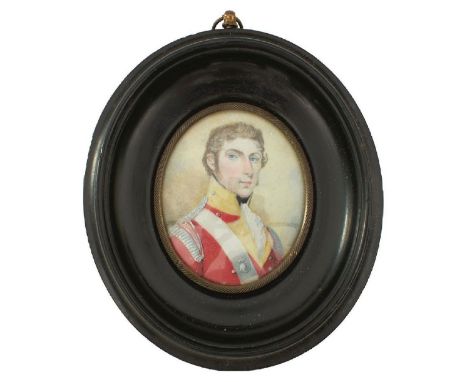 ENGLISH SCHOOL (19TH CENTURY), miniature portrait of a young officer in military attire including shoulder belt and plate, wa