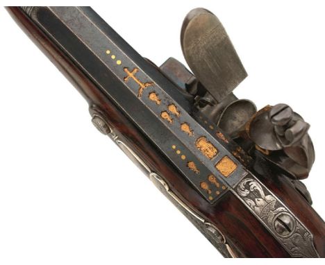 A FINE AND RARE PAIR OF 16-BORE IRISH SILVER MOUNTED FLINTLOCK HOLSTER PISTOLS BY TWIGG &amp; BASS TO THE 1ST REGIMENT OF HOR