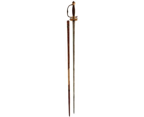 A GOOD ENGLISH SMALLSWORD C.1730, 78cm flattened diamond section blade etched and gilt for its entire length with bands of re