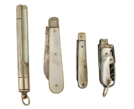 FOUR NOVELTY MINIATURE PEN KNIVES, one with mother-o'-pearl handles and silver blade hallmarked Sheffield 1925 by Harrison Fi