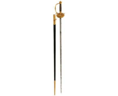 A FINE LATE GEORGIAN COURTSWORD FOR THE LIEUTENANT OF AN ENGLISH COUNTY, 79cm plain double edge blade, regulation ormolu hilt