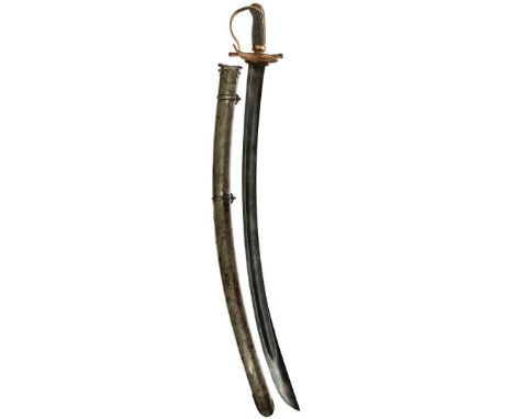 A GEORGIAN GRENADIER OFFICER'S SABRE, 82.5cm curved blade decorated with mythical beasts and stands of arms, copper gilt stir