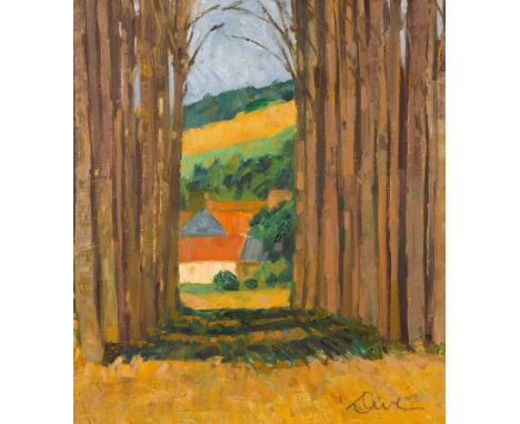 George Devlin (1937-2014)/Val D'Oise/a village glimpsed through an avenue of trees/signed/oil on canvas, 49.5cm x 43.75cm/Pro