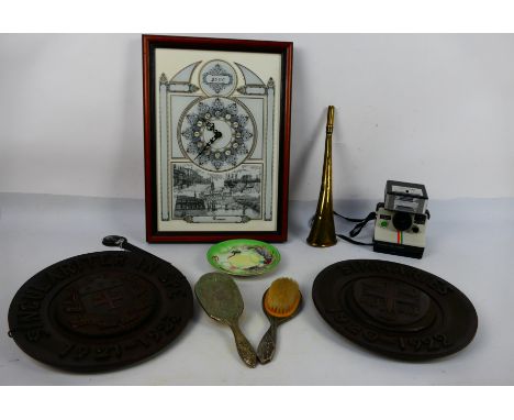 A mixed lot to include Runcorn Millennium Clock, dressing table items, brass horn and other. [W]