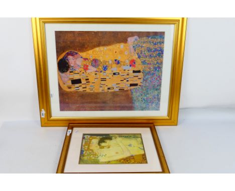 Two framed prints after Gustav Klimt comprising The Kiss and The Three Ages Of Woman (Detail), largest approximately 54 cm x 