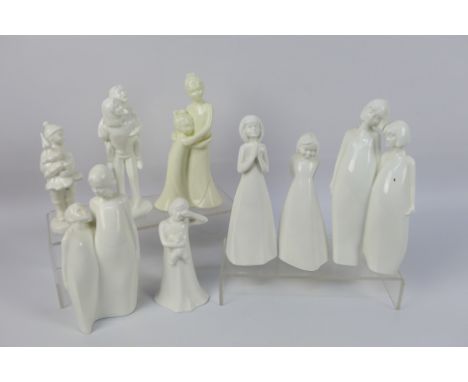 Eight white glaze figures / groups by Coalport, Royal Worcester and Royal Doulton Images, largest approximately 22 cm (h). [W