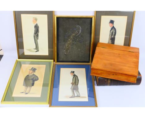 Lot to include a framed Vanity Fair prints, Family Bible, framed embroidery and other. [W]