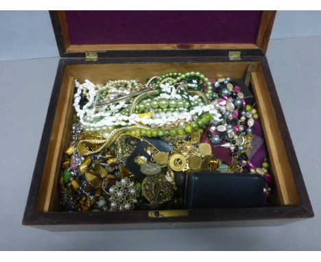 Wooden box of vintage costume jewellery