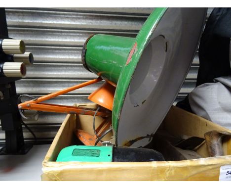 Box containing oil lamp, anglepoise lamp, large plane and other items