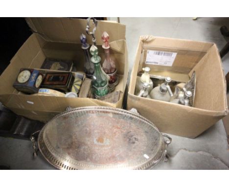 Quantity of vintage soda syphons , silver plate , decanters etc.