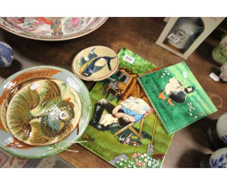 Two artistic ceramic tiles plus three pottery dishes featuring fish