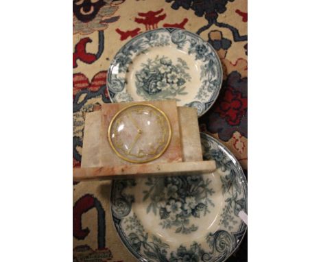 Art Deco style onyx clock plus two blue and white dinner plates