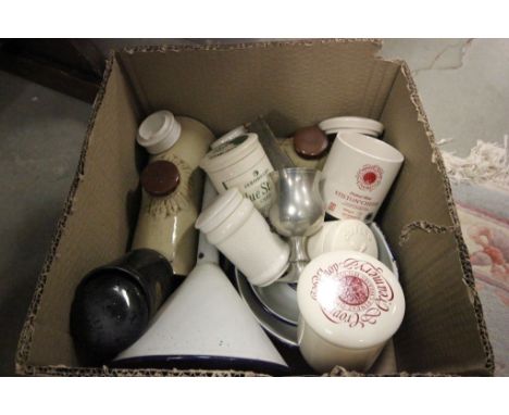 Box of mixed collectables to include ceramic cheese jars, foot warmers, enamel funnel & bowls etc