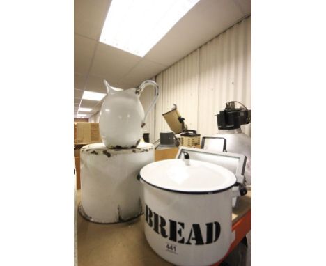 Enamel bread bin, jug and a large pan