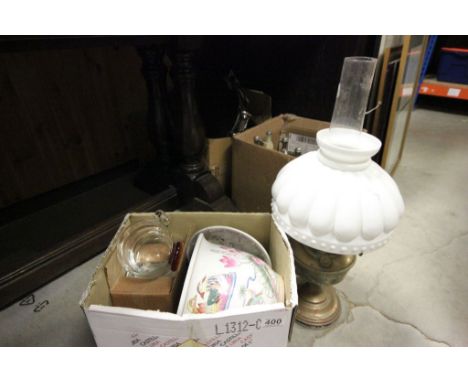Box of mixed ceramics and glass plus a brass oil lamp with white glass shade