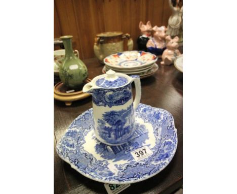 George Jones blue & white ceramic lidded water jug and a dish