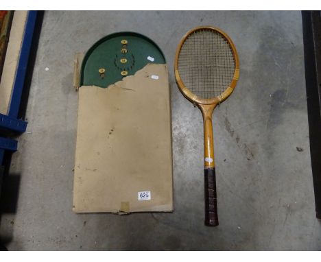 Boxed bagatelle board and vintage Slazenger tennis racket