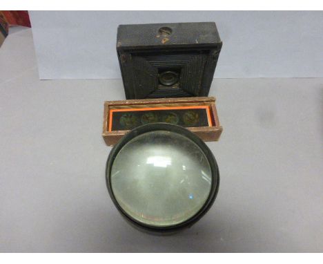 Quantity of Magic Lantern Slides in Slide Top Box, Large Vintage Magnifying Glass plus an Old ' The Premo '  Camera