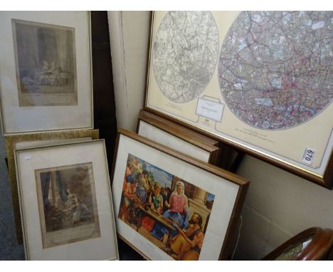 Ten framed various prints and black framed mirror on stand