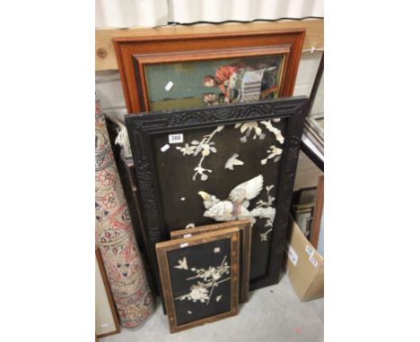 Six vintage pictures and prints to include three Oriental ones with applied mother of pearl, shell etc