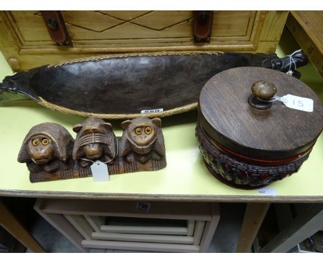 A ceramic pot with wooden lid and a shoe tree, Pacific region wooden dish with dragons heads at each end and Carved set of wo