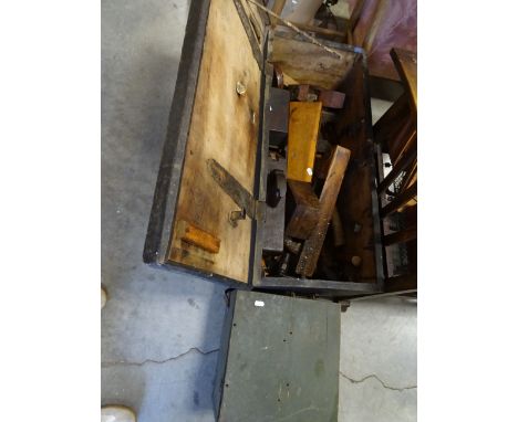 Oak tool box with large quantity vintage tools with another small wooden box