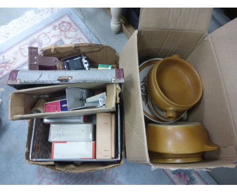 Collection of vintage photographic and projector equipment plus a box of Canterbury Denby stoneware