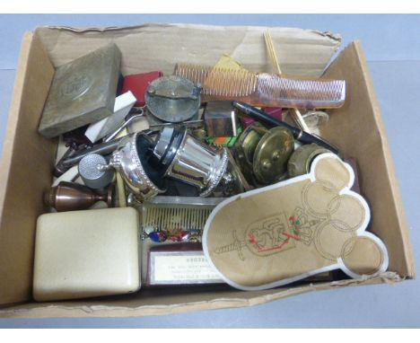 Box of collectables to include fishing reels, lighters. patch etc