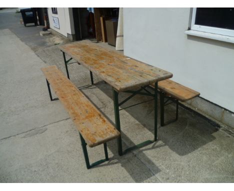 Vintage Industrial / Festival trestle table and benches with pine tops and folding metal legs, German made