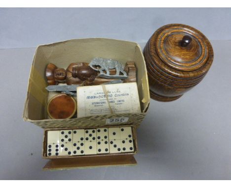 Mixed collectable's to include Mah Jong pieces, tea caddy, dominoes, lead animals