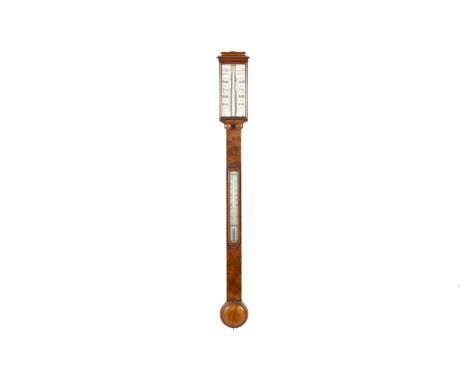 A Victorian Lancaster & Son stick barometer. With thin ivory panels etched in black to the top, the case of burr walnut. H92c