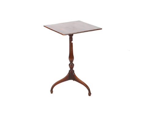 A Georgian tilt square top tripod table. On a turned baluster pedestal and shaped tripod supports on spade feet. H72cm