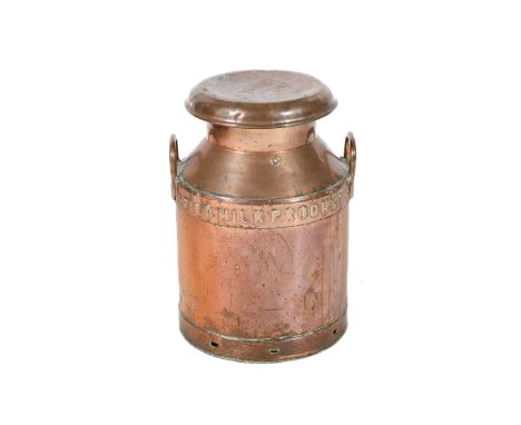 A copper dried milk storage churn. With 'DRIED MILK PRODUCTS LTD NORTHALERTON' in inmpressed text. H51cm x Dia 32cm. Early 20