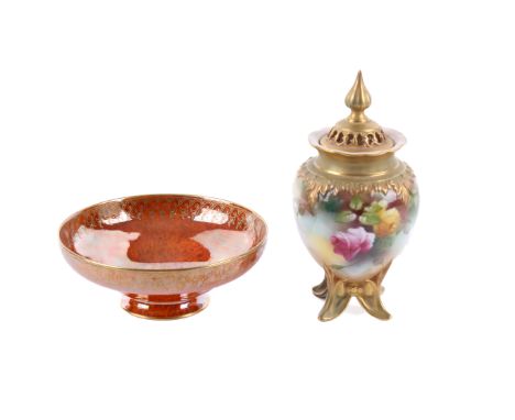 A Royal Worcester lidded pot and a Crown Ware lustre dish. The first with pierced lid, painted with roses, 13.8cm, the second
