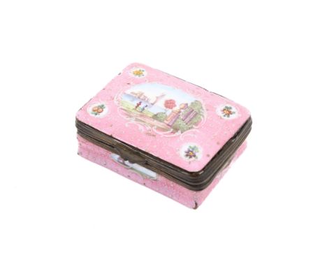 A Victorian enamel patch box. Of rectangular form, the pink exterior painted with cartouches depicting lakeside scenes and fl