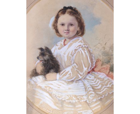 A Victorian watercolour sketch of a seated girl with a puppy. Depicted in a white dress with a red bead necklace, 45cm x 41cm