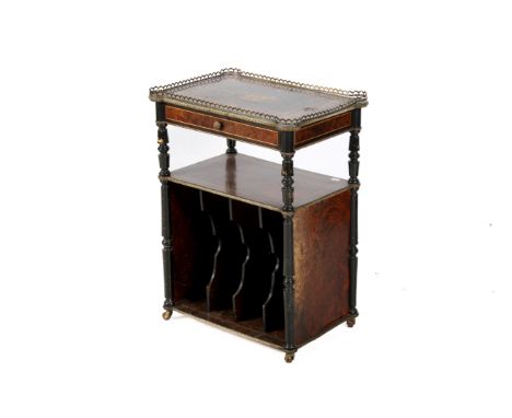 A 19th century French étagère in the Napoleonic style. Having a pierced brass gallery to the top and edges, the top having in