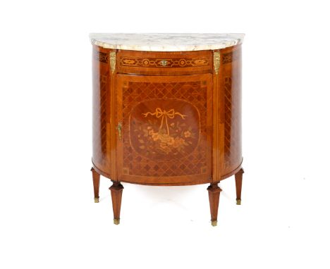 A late 19th/early 20th century continental marquetry demi lune inlaid side cabinet. With fitted marble top, interior with she