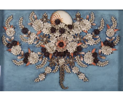 A floral still life constructed of shells. Glazed in a carved oak frame, 74cm x 104cm