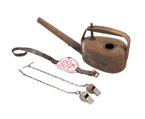 Four items of vintage railwayana. Comprising a B.R. white and red enamel 'Look-Out' armband, L11cm, a GWR Acme Thunderer whis