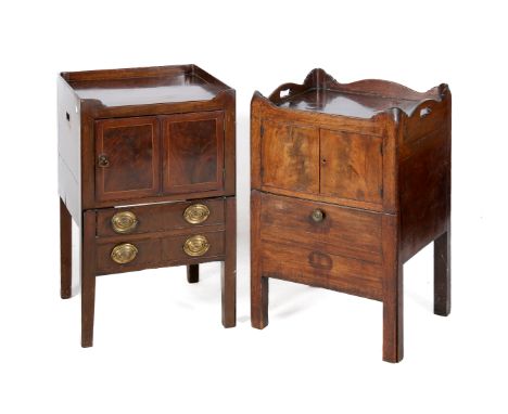 Two Georgian mahogany commodes. Both having a gallery.top with cupboard above pull out commode with recess raised on square s