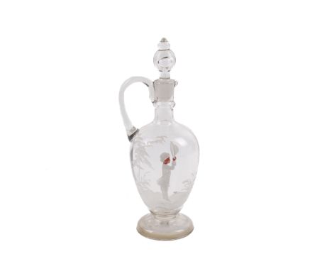 A late Victorian clear glass carafe and stopper. Having a single handle and circular base, the body decorated in a 'Mary Greg