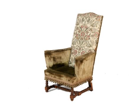 A circa 1880 English velvet upholstered high back library armchair. With walnut bobbin turned base. Seat height 36cm H119cm x