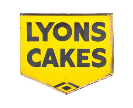 A vintage double sided 'Lyons Cakes' enamel advertising sign. The black text on a yellow ground, 39.5cm x 45cm