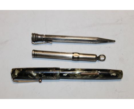 A SWAN FOUNTAIN PEN + TWO HALLMARKED SILVER PENCILS