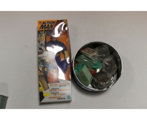 A TIN OF COINS, CIGARETTE CARDS & AN ACTION MAN FIGURE IN BOX