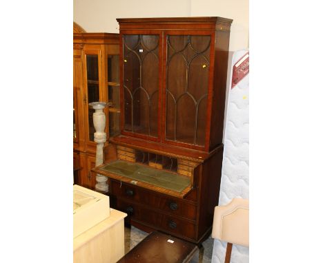 AN ANTIQUE STYLE MAHOGANY GLAZED SECRETAIRE BOOKCASE