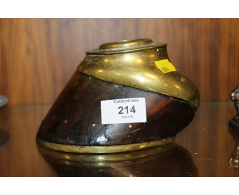 AN UNUSUAL HORSES HOOF & BRASS INKWELL STAND