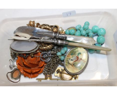 VINTAGE COSTUME JEWELLERY, SILVER BUTTER KNIFE, FORK ETC