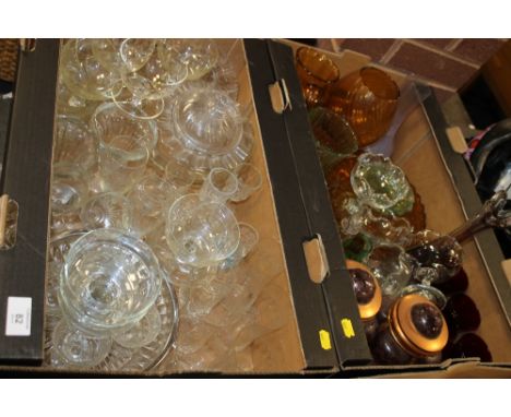 TWO TRAYS OF ASSORTED GLASSWARE TO INC PURPLE LIGHT SHADES